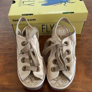 Fly London Metallic Gold Leather Wedge Sandals